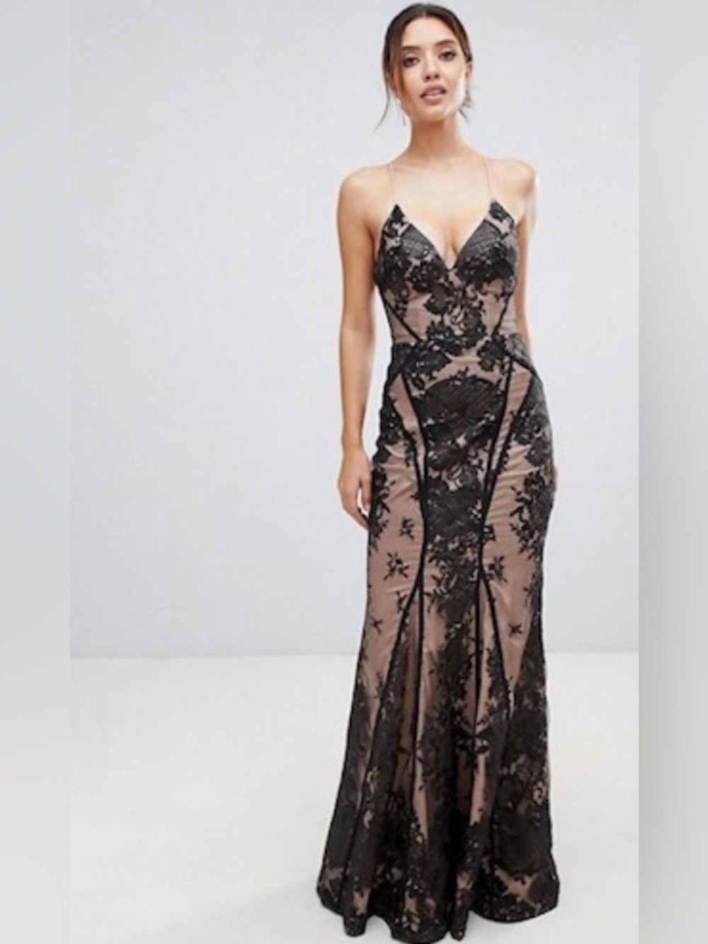 Bariano All Over Black Lace Cami Corset Nude Evening Maxi Gown Womens Size 2